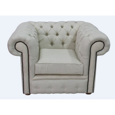 Chesterfield Low Back Club Armchair Charles Cream Real Linen Fabric In Classic Style from B&Q