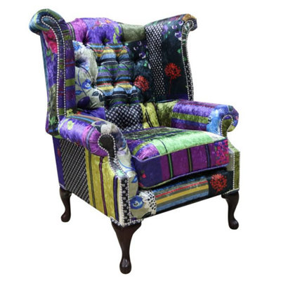 Chesterfield Patchwork Wing Chair London Multi Real Velvet In Queen Anne Style from B&Q