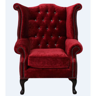 Chesterfield Crystal High Back Wing Chair Modena Pillarbox Red Real Velvet In Queen Anne Style from B&Q