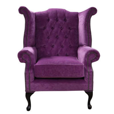 Chesterfield High Back Wing Chair Pimlico Grape Real Fabric In Queen Anne Style from B&Q