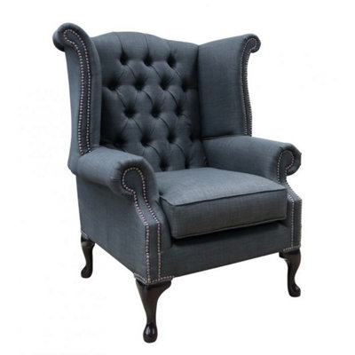Chesterfield High Back Wing Chair Charles Grey Real Linen Fabric In Queen Anne Style from B&Q