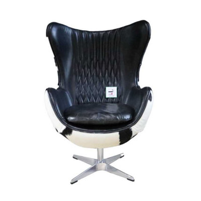  - Aviator Hair On Hide Armchair Swivel Egg Vintage Black Distressed Real Leather