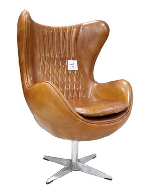  - Aviator Retro Armchair Swivel Egg Vintage Tan Distressed Real Leather