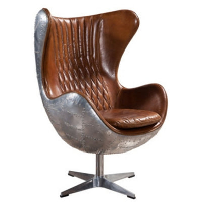  - Aviator Retro Swivel Egg Armchair Aluminium Distressed Tan Real Leather