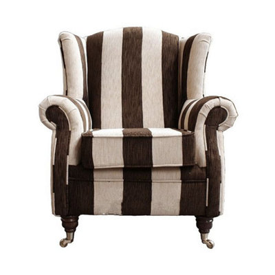 Wing Chair Handmade Fireside High Back Armchair Harrison Stripe Brown Real Fabric from B&Q