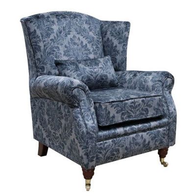 Wing Chair Original Fireside High Back Armchair Chaucer Cyan Blue Real Velvet from B&Q