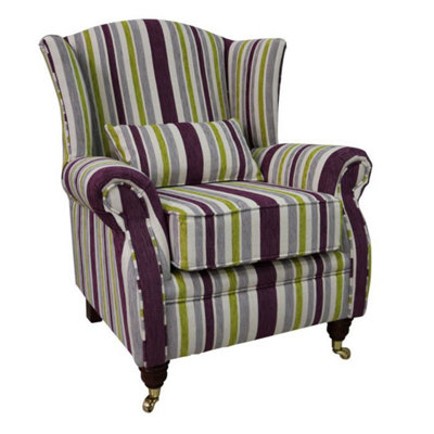 Wing Chair Handmade Fireside High Back Armchair Justin Stripe Lilac Real Fabric from B&Q