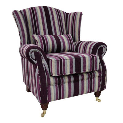 Wing Chair Handmade Fireside High Back Armchair Justin Stripe Aubergine Real Fabric from B&Q