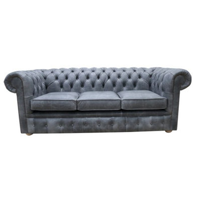 Chesterfield Original 3 Seater Settee Cracked Wax Ash Grey Real Leather Sofa from B&Q