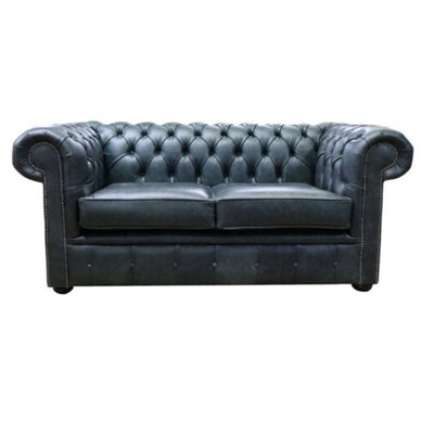 Chesterfield Handmade 2 Seater Sofa Settee Cracked Wax Black Real Leather In Stock from B&Q