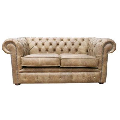 Chesterfield Handmade 2 Seater Settee Sofa Cracked Wax Tan Real Leather from B&Q