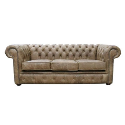 Chesterfield Handmade 3 Seater Settee Sofa Cracked Wax Tan Real Leather from B&Q