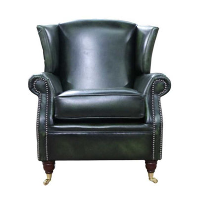 Southwold Chesterfield Wing Chair Fireside High Back Armchair Antique Green Leather In Stock from B&Q