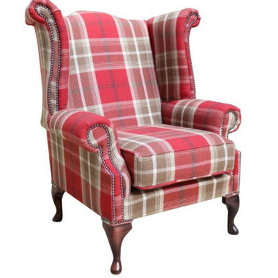 Chesterfield Saxon High Back Armchair Balmoral Red Check Fabric In Queen Anne Style from B&Q