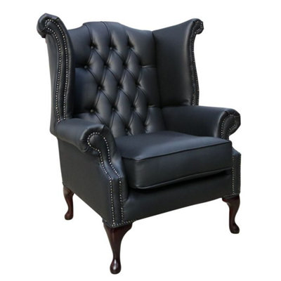 Chesterfield High Back Wing Chair Bonded Black Real Leather In Queen Anne Style from B&Q