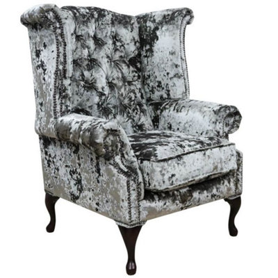 Chesterfield High Back Wing Chair Lustro Minstral Velvet In Queen Anne Style from B&Q