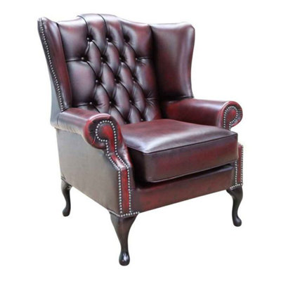 Chesterfield Bloomsbury Flat Wing Queen Anne High Back Chair Antique Oxblood Leather from B&Q