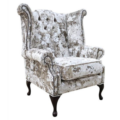 Chesterfield High Back Wing Chair Lustro Moonlight Velvet In Queen Anne Style from B&Q