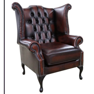 Chesterfield Georgian Wing Chair Antique Rust Leather In Queen Anne Style from B&Q
