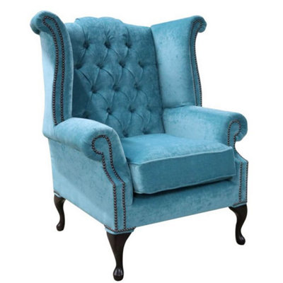 Chesterfield High Back Wing Chair Pimlico Teal Fabric In Queen Anne Style from B&Q