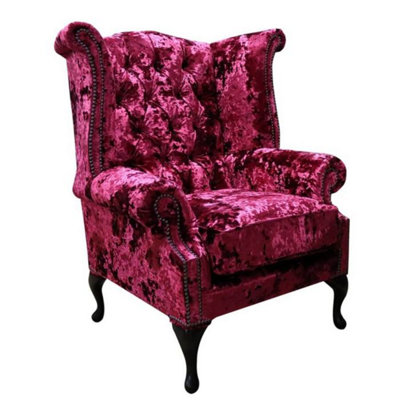 Chesterfield High Back Wing Chair Lustro Carmine Velvet In Queen Anne Style from B&Q