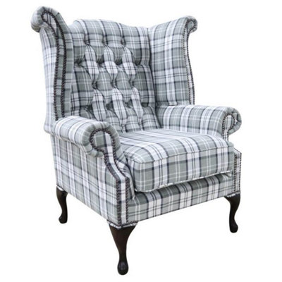 Chesterfield High Back Armchair Piazza Grey Check Fabric In Queen Anne Style from B&Q