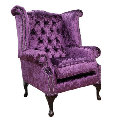 Chesterfield High Back Wing Chair Shimmer Amethyst Purple Velvet In Queen Anne Style from B&Q
