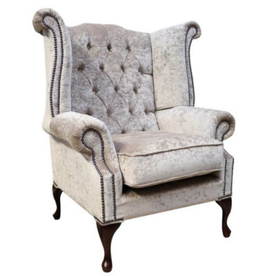 Chesterfield High Back Wing Chair Pastiche Mink Velvet In Queen Anne Style from B&Q