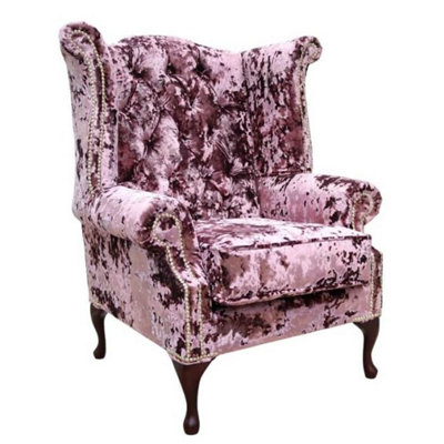 Chesterfield High Back Wing Chair Lustro Blush Velvet In Queen Anne Style from B&Q