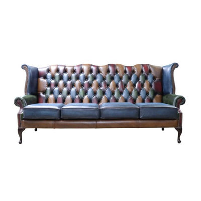 Chesterfield 4 Seater High Back Wing Sofa Antique Patchwork Leather In Queen Anne Style from B&Q
