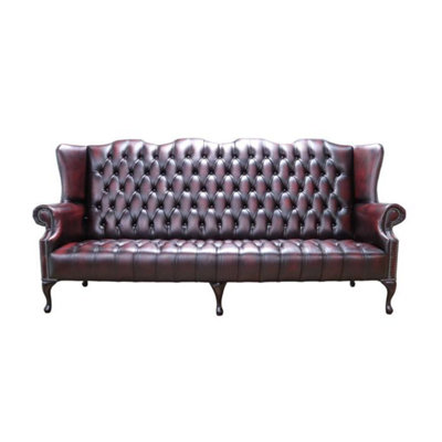 Chesterfield 4 Seater Buttoned Seat Sofa Antique Oxblood Leather In Queen Anne Style from B&Q