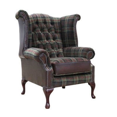 Chesterfield High Back Wing Chair Lana Moss Antique Brown Leather In Queen Anne Style from B&Q