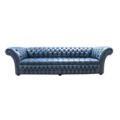 Chesterfield 4 Seater Sofa Buttoned Seat Antique Blue Leather Dbb In Balmoral Style from B&Q