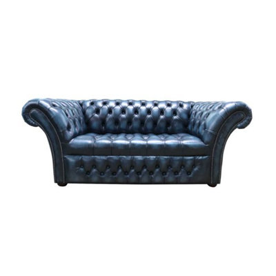 Chesterfield 2 Seater Buttoned Seat Sofa Antique Blue Leather Dbb In Balmoral Style from B&Q
