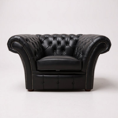 Chesterfield Club Chair New England Black Real Leather In Balmoral Style from B&Q