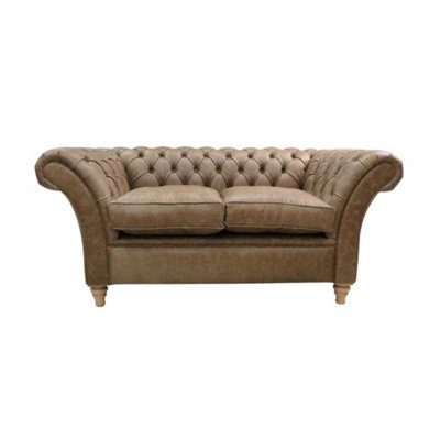 Chesterfield 2 Seater Sofa Settee Cracked Wax Tan Real Leather In Balmoral Style from B&Q