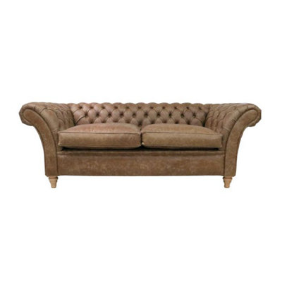 Chesterfield 3 Seater Sofa Settee Cracked Wax Tan Real Leather Balmoral Style from B&Q