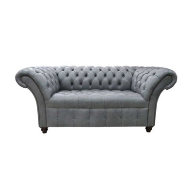 Chesterfield 2 Seater Buttoned Seat Sofa Vintage Cracked Wax Ash Grey Leather In Balmoral Style from B&Q