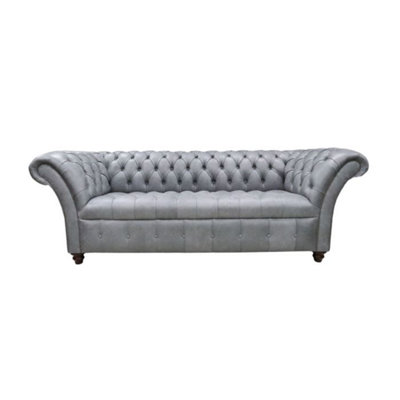 Chesterfield 3 Seater Buttoned Seat Sofa Vintage Cracked Wax Ash Grey Leather In Balmoral Style from B&Q