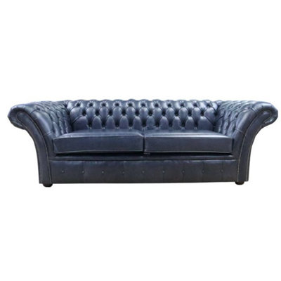 Chesterfield 3 Seater Sofa Settee Old English Ocean Blue Leather In Balmoral Style from B&Q