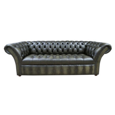 Chesterfield 3 Seater Buttoned Seat Sofa Antique Olive Green Leather In Balmoral Style from B&Q