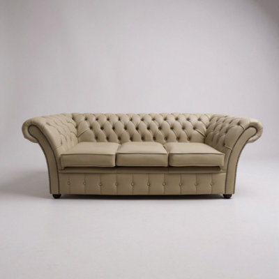 Chesterfield 3 Seater Sofa Shelly Pebble Real Leather In Balmoral Style from B&Q