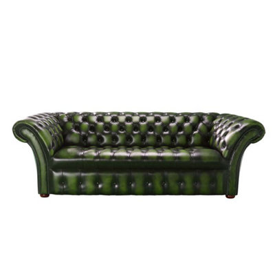 Chesterfield 3 Seater Sofa Buttoned Seat Antique Green Leather In Balmoral Style from B&Q