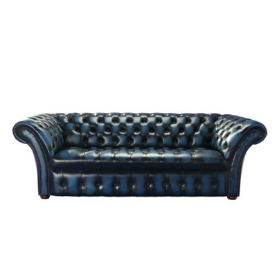 Chesterfield 3 Seater Sofa Buttoned Seat Antique Blue Leather In Balmoral Style from B&Q