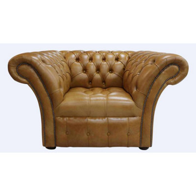 Chesterfield Armchair Buttoned Seat Old English Aniline Tan Leather In Balmoral Style from B&Q