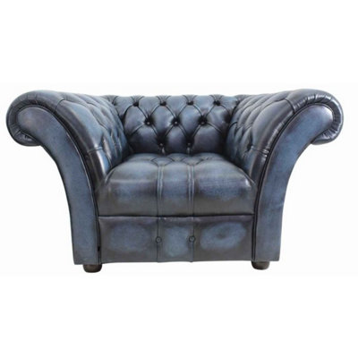 Chesterfield Armchair Buttoned Seat Antique Blue Leather In Balmoral Style from B&Q