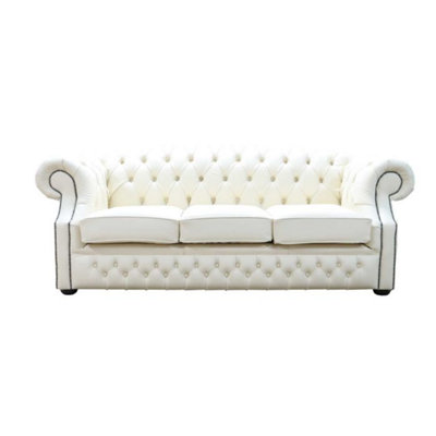 Chesterfield 3 Seater Sofa Shelly Cottonseed Cream Leather In Buckingham Style from B&Q
