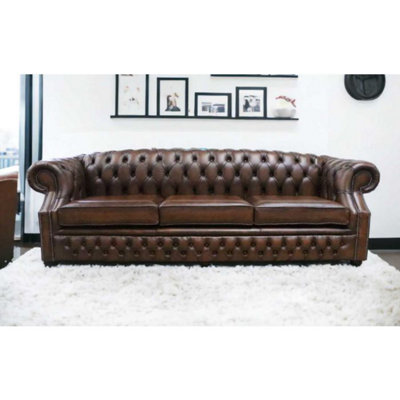 Chesterfield 4 Seater Antique Tan Real Leather Sofa In Buckingham Style from B&Q