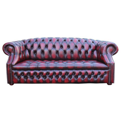 Chesterfield 3 Seater Buttoned Seat Sofa Antique Oxblood Leather In Buckingham Style from B&Q
