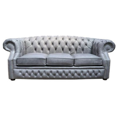 Chesterfield 3 Seater Sofa Cracked Wax Ash Grey Leather In Buckingham Style from B&Q